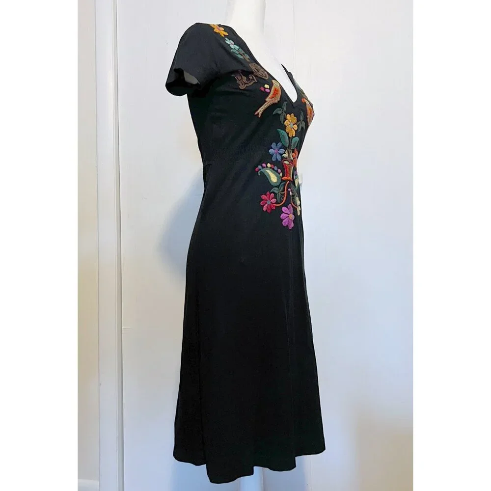 Johnny Was LA JWLA Black Knit Dress with Floral Embroidered LOVE Birds - Picture 2 of 10